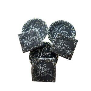 Happy Birthday Black Gold Silver 24 Plates (9") & 3 Packs Matching Napkins